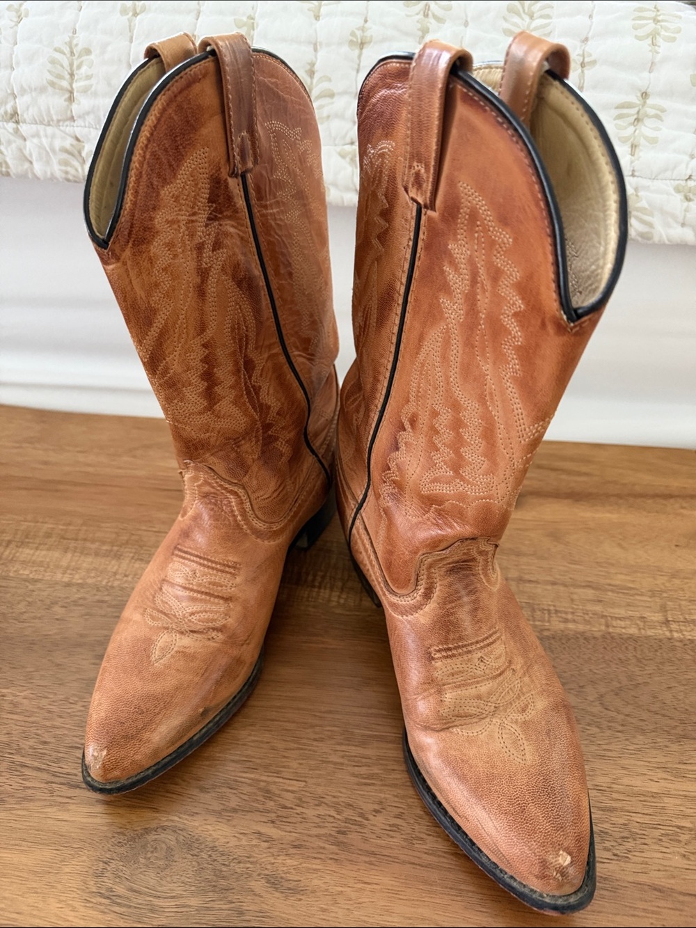 Women's Tan Western-Inspired Moto Boots with Embroidered Shaft